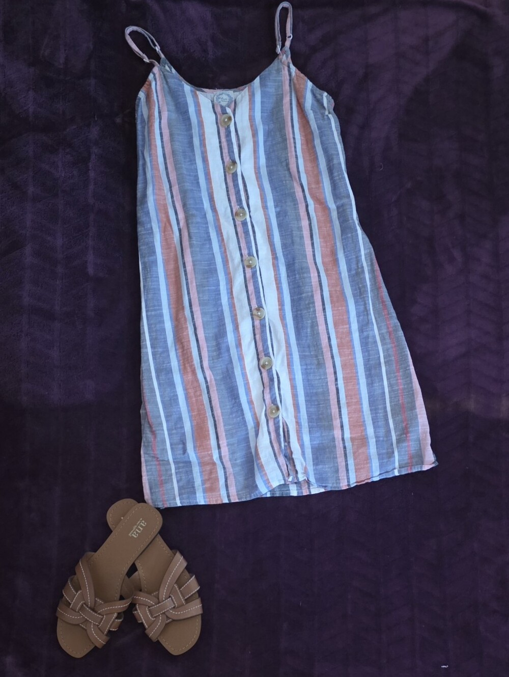 Blue Rain (Francesca's) Striped Button-Front Spaghetti Strap Dress